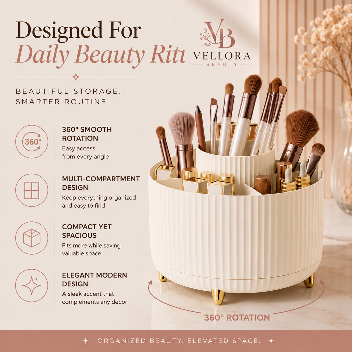 Vellora Beauty™ Elegant 360° Rotating Makeup & Brush Organizer