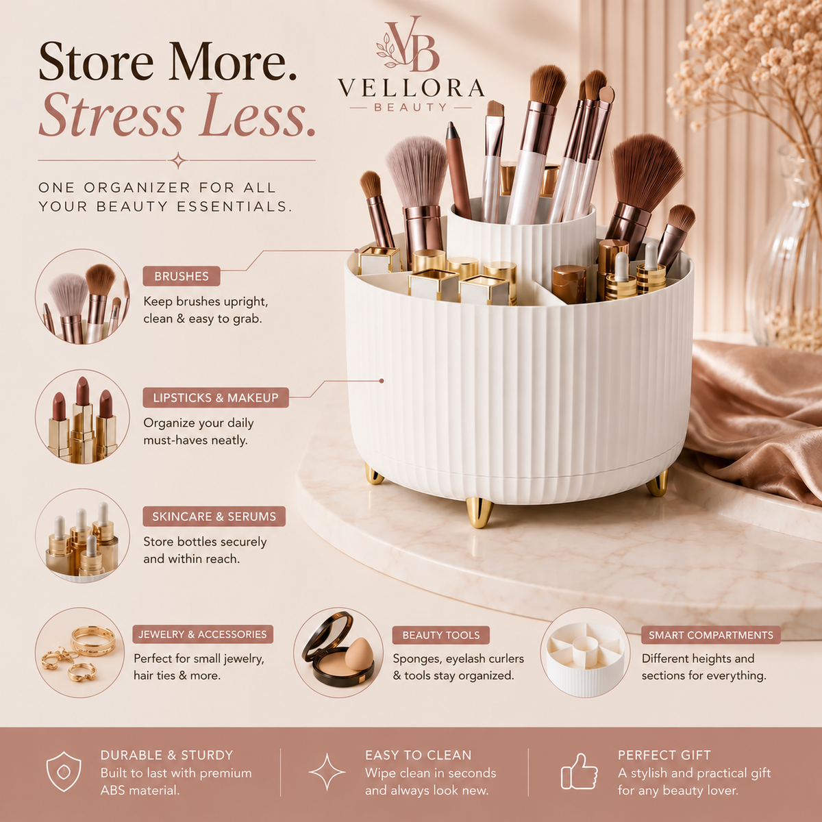 Vellora Beauty™ Elegant 360° Rotating Makeup & Brush Organizer