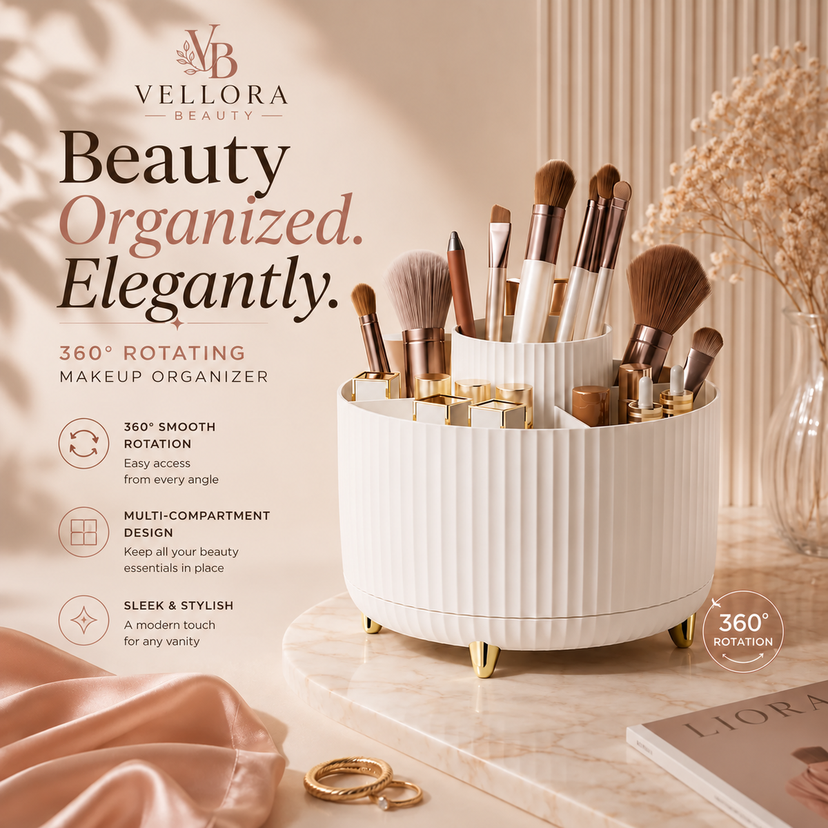 Vellora Beauty™ Elegant 360° Rotating Makeup & Brush Organizer