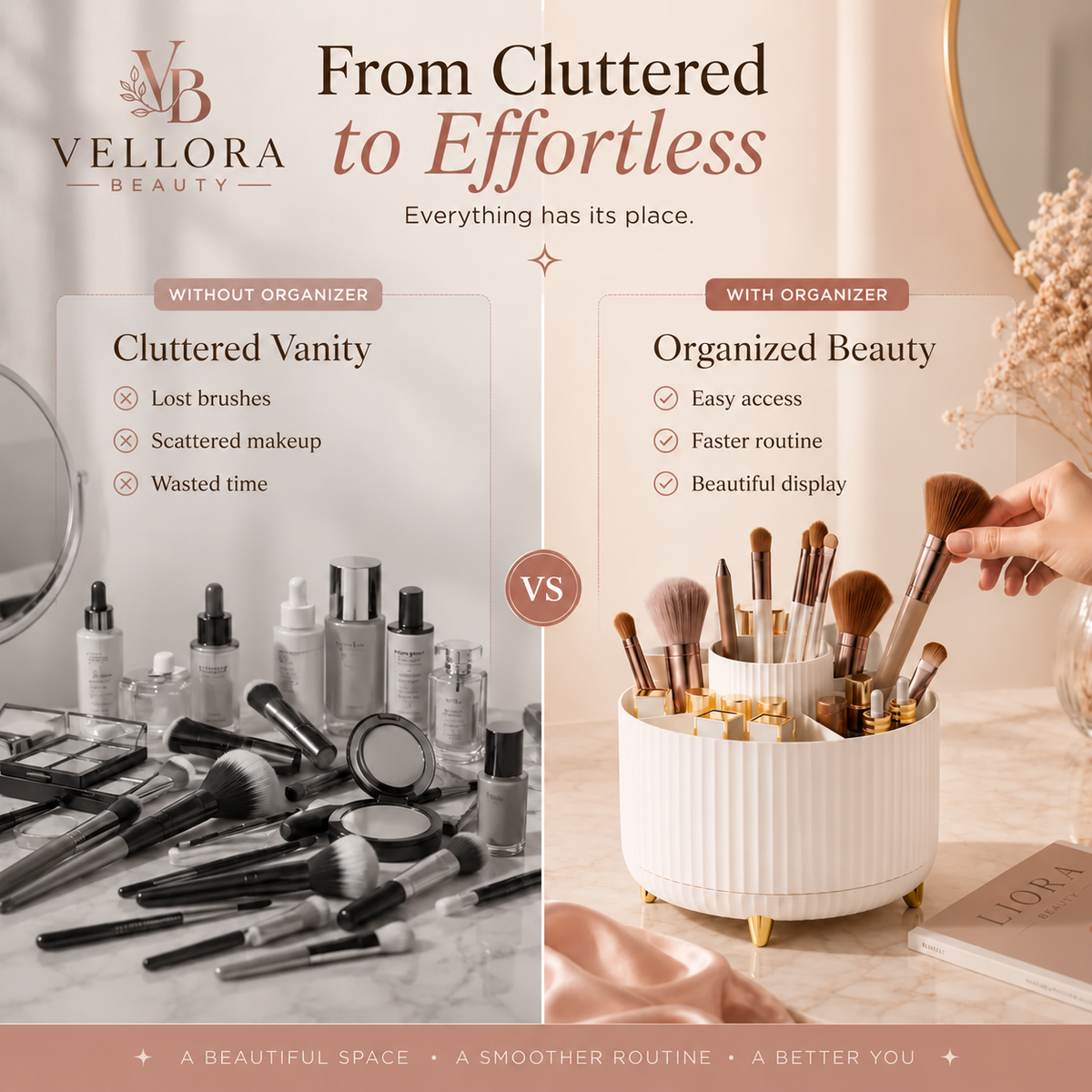 Vellora Beauty™ Elegant 360° Rotating Makeup & Brush Organizer